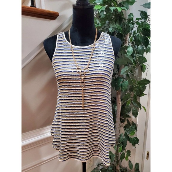 Theory Women's Blue & Yellow 100% Silk Sequin Sleeveless Top Blouse Size S/P - Picture 13 of 13